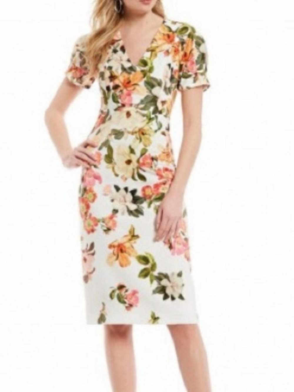 ANTONIO MELANI White Floral Midi Dress with Pink, Green & Yellow Accents